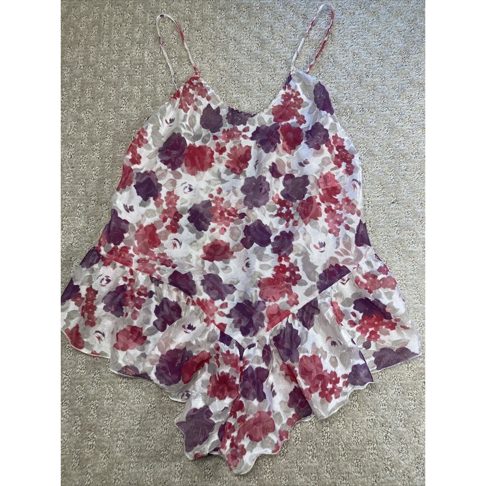 Vintage Floral Teddy Sheer Ruffle Lingerie Pink Purple Metallic Thread Sz Petite
